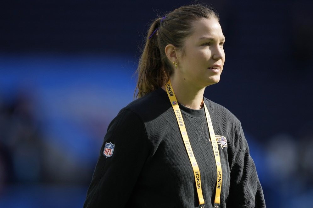 Baltimore Ravens Assistant to the Head Coach Megan Rosburg was a speaker at the 2024 NFL Women&#x27;s Forum. (AP/Steve Luciano)